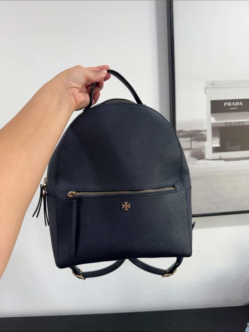 Tory Burch Blue Saffiano Mini Backpack with Gold Hardware